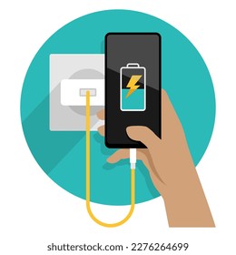 Phone charging - chargeable device in hand, socket and power supply. Isolated vector illustration