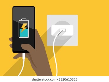 Phone charging - chargeable device in hand, socket and power supply. Flat vector illustration on yellow background