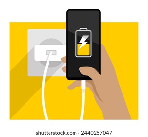 Carga del teléfono: dispositivo cargable en la mano, el enchufe y la fuente de alimentación. Ilustración aislada plana sobre fondo amarillo