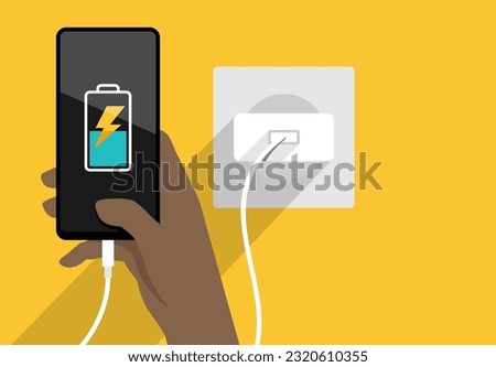Phone charging - chargeable device in hand, socket and power supply. Flat vector illustration on yellow background