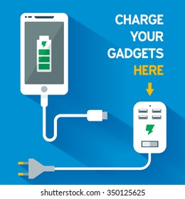 Phone charging device icon flat design isolated on blue background