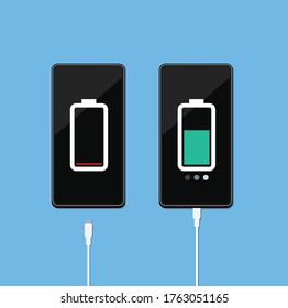 Phone charging with energy bank. Smartphone and line wire. Eps10