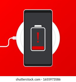 Phone charging, flat icon isolated on a red background. Concept background design.