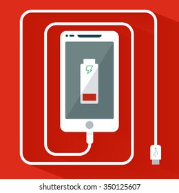 Phone charging icon flat design isolated on red background