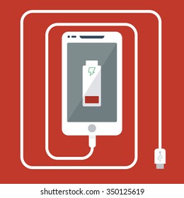 Phone charging icon flat design isolated on red background