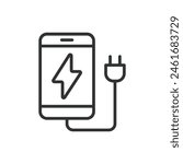 Phone charging, in line design. Phone, Charging, Battery, Power, Mobile, Cable, Charger on white background vector. Phone charging editable stroke icon.