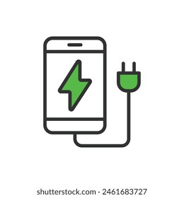 Phone charging, in line design, green. Phone, Charging, Battery, Power, Mobile, Cable, Charger on white background vector. Phone charging editable stroke icon.