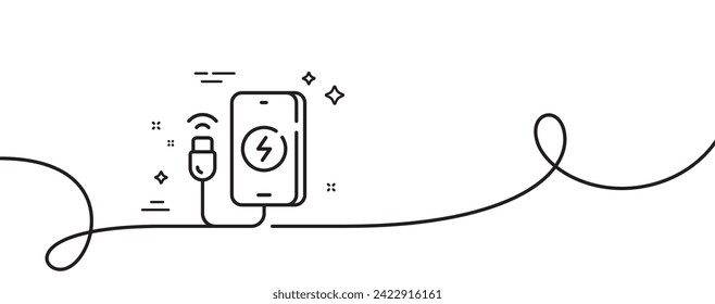 Icono de línea de carga de teléfono. Una línea continua con curl. Señal de accesorios móviles. Cargar símbolo del dispositivo. Cinta de un solo contorno de carga telefónica. Patrón de curva de bucle. Vector