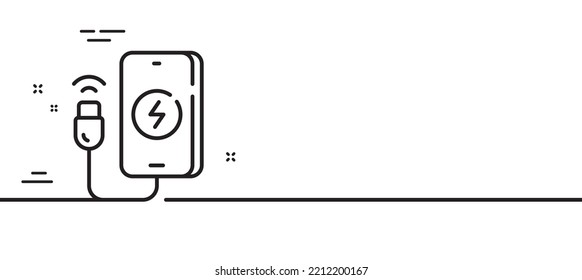 Icono de línea de carga de teléfono. Señal de accesorios móviles. Cargar símbolo del dispositivo. Fondo mínimo de la ilustración de línea. Banner de patrón de icono de línea de carga telefónica. Concepto de plantilla web blanca. Vector