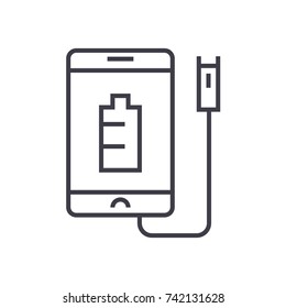 phone charging linear icon, sign, symbol, vector on isolated background