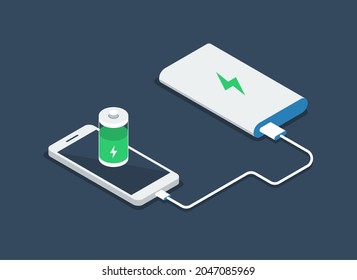 Phone charging, power bank. Smartphone, power bank, battery icon. Flat vector illustration suitable for many purposes.