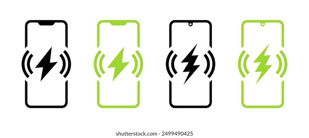 Phone charging set icons. Flat and silhouette style. Vector icons.