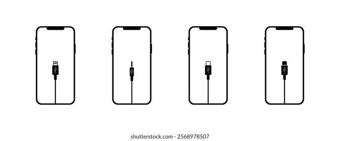 Phone charging set icons. Linear and silhouette style. Vector icons.