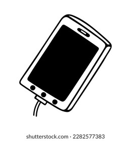 Icono de vector de carga de teléfono. Smartphone con cargador por cable. Recargando el gadget del adaptador. Doodle dibujado a mano aislado en blanco. Contorno, arte de línea simple negra. Clipart para logotipo, aplicaciones, web