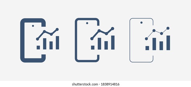 Teléfono con icono vector de línea de gráfico. Símbolo vectorial de dispositivo. Iconos estadísticos de éxito establecidos para el diseño web. Icono moderno de programación de teléfonos inteligentes planos para el diseño de aplicaciones. Análisis de dispositivos con iconos lineales planos mínimos