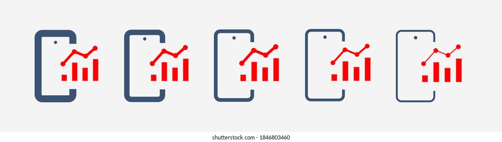 Telefon mit Diagramm Linie Vektorsymbol. Gerät-Vektorsymbol. Erfolgreiche Statistiksymbole für Webdesign. Modernes Smartphone-Fahrplan-Symbol für App-Design. Geräteanalysen minimale flache lineare Symbole