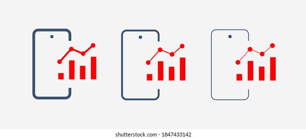 Phone with chart line vector icon. Device vector symbol. Success statistic icons set for web design. Modern flat smart phone schedule  icon for app design. Device analytics minimal flat linear icons