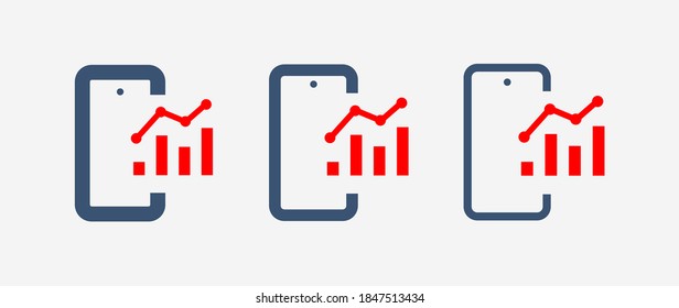Teléfono con icono vector de línea de gráfico. Símbolo vectorial de dispositivo. Iconos estadísticos de éxito establecidos para el diseño web. Icono moderno de programación de teléfonos inteligentes planos para el diseño de aplicaciones. Análisis de dispositivos con iconos lineales planos mínimos