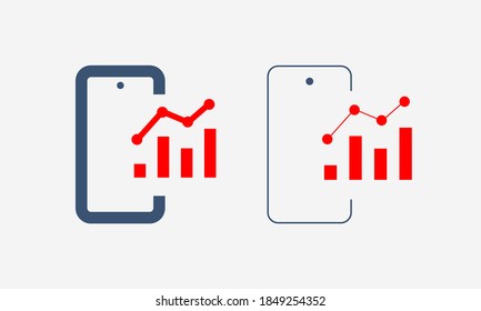 Phone with chart line vector icon. Device vector symbol. Success statistic icons set for web design. Modern flat smart phone schedule  icon for app design. Device analytics minimal flat linear icons