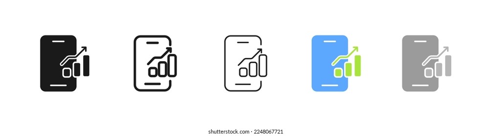 Phone with charts set icon. Diagram, statistics, infographics, bar, pie, chart, decline, growth, arrow, data analysis. Business concept. Vector five icon in different style on white background