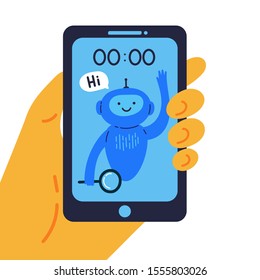 Phone with chat bot in a hand that is ready to help flat vector illustration.Round-the-clock assistance online.The chat bot on the phone ready to answer requests at night.Online support.Info search