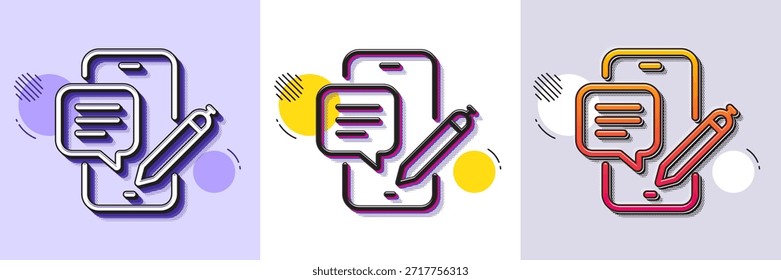 Ícone de linha de bate-papo por telefone. Padrão pontilhado de meio-tom. Ícone de gradiente com sombra de grão. Sinal de aplicativo de Smartphone. Símbolo do dispositivo móvel do telefone celular. Ícone de bate-papo por telefone. Vários desenhos. Vetor