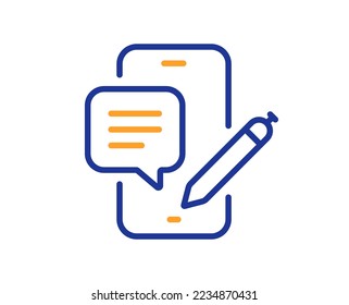 Icono de la línea de chat por teléfono. Signo de aplicación de Smartphone. Símbolo del dispositivo móvil del teléfono móvil. Concepto colorido del contorno de línea delgada. Icono de conversación telefónica de estilo lineal. Trazo editable. Vector