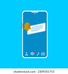 Phone chat notification vector illustration. Bell ringing illustration on the phone screen.