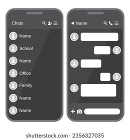 Phone chat screen with contact lists and discussion messages vector illustration. Phone screen chat blank template. Chat message on phone mobile screen. Social media app. Text illustration.