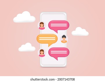 Phone with chat. Sms on mobile phone screen. Messaging using chat app or social network. 3D Web Vector Illustrations. Concept web design, website page development. Web banner