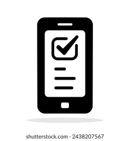 Teléfono con icono de marca de verificación. Icono de smartphone negro con marca de verificación sobre fondo blanco. Ilustración de vector