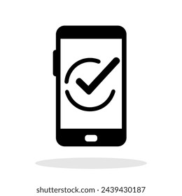 Phone with check mark icon. Black smartphone icon with check mark on white background. Vector illustration