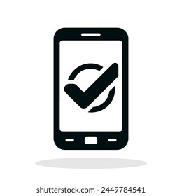 Phone with check mark icon. Black smartphone icon with check mark. Vector illustration