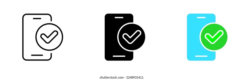 Phone with Check mark line icon. Tick and cross, success, failure. Approved, confirmed, rejected, canceled concept. Vector icon in line, black and colorful style on white background