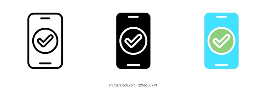 Phone with Check mark line icon. Tick and cross, success, failure. Approved, confirmed, rejected. Canceled concept. Vector icon in line, black and colorful style on white background