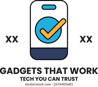 Um telefone com uma marca de seleção nele e as palavras "Gadgets que funcionam" escritas abaixo dele