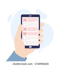 Phone with checklist. Hand holding a smartphone.