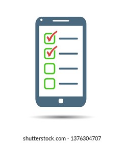 Phone and checkmark icon. Vector cellphone tick check mark, accepted