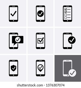 Phone and checkmark icons set. Vector cellphone tick check mark, accepted 