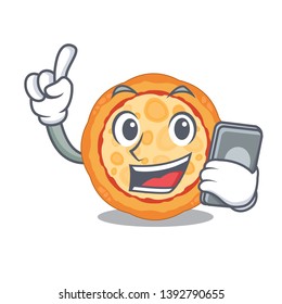 With phone cheese pizza served on cartoon board