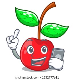 With phone cherry fruit in a mascot basket