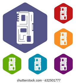 Phone chip icons set hexagon isolated vector illustration
