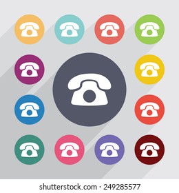 phone circle, flat icons set. Round colorful buttons 