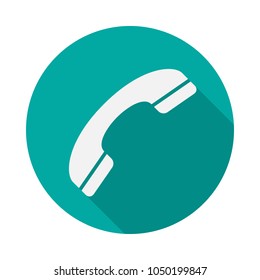 Phone circle icon with long shadow. Flat design style. Handset simple silhouette. Modern, minimalist, round icon in stylish colors. Web site page and mobile app design vector element.