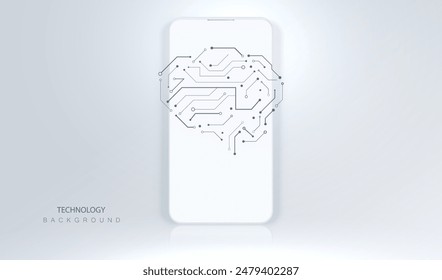 Phone with circuit board mockup front view. White mobile isolated with blank screen for display your ux design, site, presentation and promo. Realistic 3d smartphone with shadow.