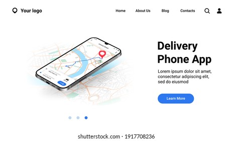 Phone city map landing page. Mobile delivery application interface. Online tracking courier route on urban plan. Website UI realistic design, smartphone GPS service with buttons. Vector web mockup