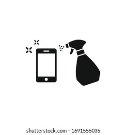 Icono de vector aislado de limpieza telefónica. Teléfono inteligente con un símbolo desinfectante más limpio.