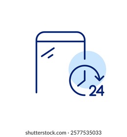 Phone and clock. 24 7 availability online or for calls. Continuous service. Pixel perfect, editable stroke icon
