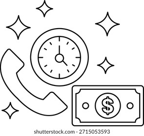 Un teléfono, un reloj y un billete de un dólar están dibujados en negro. El teléfono está en el lado izquierdo de la Imagen, el reloj está en el medio y el billete de dólar está a la derecha