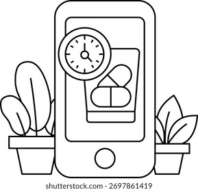 Un teléfono con un reloj y un frasco de píldoras al lado. El frasco de la píldora está etiquetado con la palabra "medicina" y el reloj está mostrando la hora. Concepto de tomar medicamentos en un momento específico